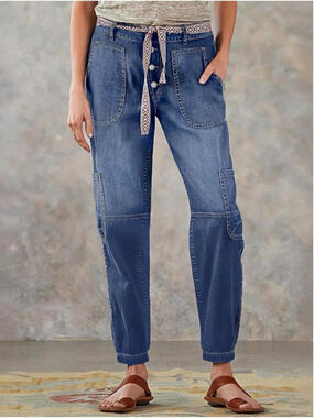 Flamingals Straight Leg Button Fly Jeans for Women Multi Pocket Mid Rise Jeans